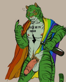 alcohol animal_genitalia anthro arrow_tattoo balls beverage biped black_text bottle chest_tattoo container directional_arrow drunk flag flag_(object) genital_piercing genitals half-erect holding_bottle holding_container holding_object irish lgbt_pride male penis penis_piercing piercing pride_color_flag pride_colors prince_albert_piercing pubes rainbow_flag rainbow_pride_colors rainbow_pride_flag rainbow_symbol simple_background six-stripe_rainbow_pride_colors solo standing stripes substance_intoxication tattoo text text_on_body text_tattoo wearing_flag badcoyote alec_trieg felid mammal pantherine tiger 4:5 digital_media_(artwork) low_res portrait three-quarter_portrait