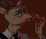 anthro blood blood_on_clothing blood_on_face blood_on_hand blood_on_tongue bodily_fluids clothing finger_fetish finger_lick finger_play fingers gore licking looking_at_viewer male solo tongue tongue_out tsupunya beastars louis_(beastars) cervine deer mammal red_deer absurd_res hi_res portrait