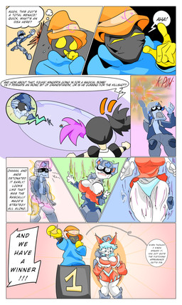 anthro battle clothing dialogue duo explosion female gender_transformation male snap_zap style_change text torn_clothing transformation andetheslayer ande_(andetheslayer) canid canine fox human humanoid hybrid mammal 3:5 absurd_res comic english_text hi_res