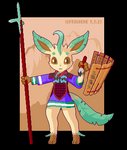 3_toes anthro anthrofied barefoot brown_outline digitigrade feet female melee_weapon outline pokemorph polearm shield solo spear text toes weapon frigadae nintendo pokemon eeveelution generation_4_pokemon leafeon pokemon_(species) alpha_channel chinese_text digital_media_(artwork) full-length_portrait portrait translated