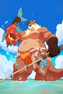 anthro clothed clothing fishing_rod hat headgear headwear looking_at_viewer male nipples one_eye_closed sea solo topless water redic-nomad aquatic fish mammal mustelid otter sea_otter 2025 hi_res