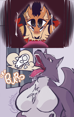 4_eyes anthro bone burp_cloud burping fangs fatal_vore fisheye_lens gynomorph intersex male multi_eye open_mouth oral_vore sharp_teeth skull teeth vore willing_prey globaldonut34 gd_(globaldonut34) canid canine canis fox mammal wolf absurd_res comic hi_res