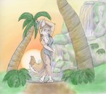 anthro barefoot breasts feet female palm_tree plant pose smile solo standing sunset towel towel_only tree waterfall geckoguy123456789 ozzy-wildwind jennifer_(geckoguy123456789) canid canine canis mammal wolf 2014 hi_res