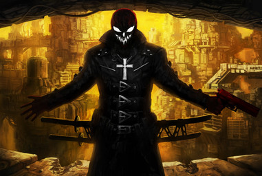 amazing_background black_clothing city cityscape clothing coat cross cross_necklace detailed_background front_view gloves grin gun handgun handwear holding_gun holding_handgun holding_object holding_pistol holding_ranged_weapon holding_weapon jacket jewelry katana male mask melee_weapon necklace not_furry pistol ranged_weapon realistic science_fiction smile solo sword topwear trenchcoat weapon bradypus_(artist) demon humanoid monster monstrous_humanoid detailed