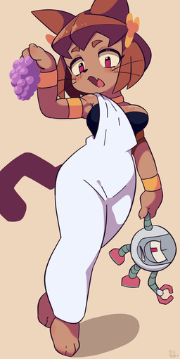 anthro armband barefoot breasts brown_hair choker clothed clothing duo eyelashes feet female food fruit fur glistening glistening_body glistening_skin grape greek_clothing greek_toga hair holding_food holding_object jewelry looking_at_viewer machine male necklace paws plant standing tail text toga whiskers himeko_nodanuki gameoverse glitch_productions kaboodle_(gameoverse) kit_bodega domestic_cat felid feline felis mammal robot 2026 absurd_res digital_media_(artwork) english_text hi_res