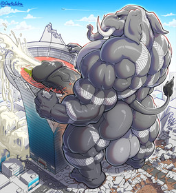 5_fingers 5_toes abs anthro arm_tattoo back_tattoo balls biceps big_penis biped bodily_fluids building building_destruction building_penetrated building_sex city city_background city_crushing city_destruction cityscape crush cum cum_flooding cum_on_building cumshot destruction ejaculation erection excessive_cum excessive_genital_fluids extreme_size_difference feet fingers footprint genital_fluids genitals grey_body house humanoid_feet humanoid_genitalia humanoid_hands humanoid_penis hyper hyper_cum leg_tattoo macro macro_anthro macro_male male muscular muscular_anthro muscular_male nude orgasm outside pecs penetration penile penis plantigrade proboscis_(anatomy) rampage size_difference sky smile solo stadium stomping tail tattoo teeth toes tusks vein veiny_penis darkai eidos_(pyronite) elephant elephantid mammal proboscidean hi_res