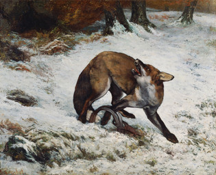 ambiguous_feral ambiguous_gender bear_trap detailed_background digitigrade fangs feral forest fur open_mouth outside pained_expression paws plant quadruped snow solo standing tail teeth trap_(contrivance) tree gustave_courbet public_domain canid canine fox mammal red_fox true_fox 1860 19th_century absurd_res ancient_art hi_res oil_painting_(artwork) painting_(artwork) traditional_media_(artwork) traditional_painting_(artwork)