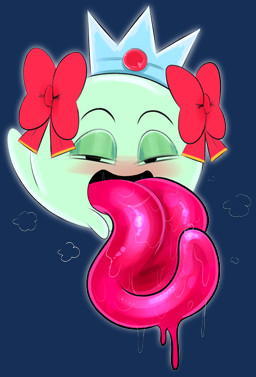 bodily_fluids bow_ribbon crown female green_body headgear huge_tongue looking_at_viewer narrowed_eyes not_furry saliva solo tongue tongue_out ota_(artist) mario_bros nintendo paper_mario lady_bow boo_(mario) ghost spirit 2024 alpha_channel digital_media_(artwork) hi_res