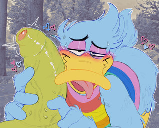 anthro beak bent_over big_penis blush bodily_fluids bottomless bottomless_anthro bottomless_male clothed clothing duo emanata erection eyebrows feathers foreskin genitals glans hair handjob heart_symbol huge_penis humanoid_genitalia humanoid_penis lgbt_pride looking_at_viewer looking_pleasured male male/male motion_lines narrowed_eyes orgasm park penile penis photo_background plant pride_color_clothing pride_colors sex shirt solo_focus sweat tank_top text thick_penis throbbing throbbing_penis tongue tongue_out topwear tree tuft two-handed_handjob unretracted_foreskin vein duckbrained queer_duck_(series) queer_duck_(character) ambiguous_species anatid anseriform avian bird duck 2024 english_text hi_res mixed_media photography_(artwork)