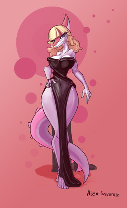 anthro bangs big_breasts black_clothing black_dress blonde_hair blue_eyes blunt_bangs bone_frill breasts clothing dress feet female fingers frill_(anatomy) front_view hair hand_on_hip humanoid_feet humanoid_hands long_hair long_tail looking_at_viewer non-mammal_breasts pink_body plantigrade pose simple_background slit_dress small_waist smile solo spiked_tail spikes spikes_(anatomy) standing tail text toes white_body wide_hips alexsavenije cavemanon_studios i_wani_hug_that_gator mia_moretti dinosaur hadrosaurid ornithischian ornithopod parasaurolophus prehistoric_species reptile scalie absurd_res artist_name colored full-length_portrait hi_res portrait