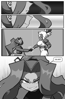 big_breasts bodily_fluids breasts clothed clothed_female clothed_human clothing detailed_background determined dialogue duo female female_human frown gesture hair handshake human_only long_hair muscular muscular_female muscular_human not_furry onomatopoeia open_mouth open_smile outside ponytail size_difference smile smirk sound_effects speech_bubble sweat sweatdrop talking_to_another text cuchuflin mia_(cuchuflin) romi_(cuchuflin) human mammal 2026 absurd_res comic digital_drawing_(artwork) digital_media_(artwork) english_text greyscale hi_res monochrome