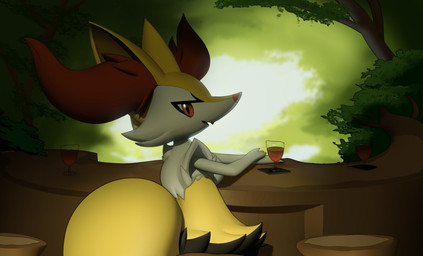 3_fingers ambiguous_anthro ambiguous_gender anthro arm_tuft beverage biped black_body black_fur cheek_tuft container cup cute_fangs detailed_background drinking_glass facial_tuft fangs fingers flat_chested fur furniture glass glass_container glass_cup hip_tuft inner_ear_fluff looking_at_viewer looking_back looking_back_at_viewer multicolored_body multicolored_fur nude_ambiguous nude_anthro on_model open_mouth open_smile orange_body orange_eyes orange_fur orange_inner_ear_fluff orange_nose outside plant pointy_ears prick_ears rear_view shoulder_tuft sitting smile solo stool table tail tapering_snout teeth three-quarter_view tree tuft white_body white_fur wine_glass yellow_body yellow_fur yellow_tail inkune nintendo pokemon braixen canid generation_6_pokemon mammal pokemon_(species) 2021 colored digital_drawing_(artwork) digital_media_(artwork) english_description half-length_portrait portrait shaded