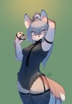 anthro black_clothing black_leotard bow_tie breasts clothing female fingerpads fishnet_clothing fishnet_legwear green_background grey_eyes grey_hair hair legwear leotard necktie pawpads simple_background solo tying_hair liki canid canine fox mammal 2023 digital_media_(artwork) hi_res