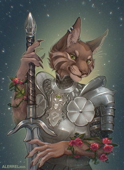 anthro armor brown_body brown_fur claws fantasy female flower fur green_eyes knight melee_weapon plant rose_(flower) solo sword warrior weapon alerrel felid feline mammal 2025 hi_res