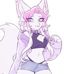 anthro blep blue_eyes bottomwear breasts cleavage_cutout clothing curvy_figure cutout female fluffy fluffy_tail gradient_hair hair hotpants hourglass_figure inner_ear_fluff midriff navel panties pawpads pink_hair shorts solo tail tongue tongue_out tuft underwear 3rdperson_iz canid canine fox mammal hi_res