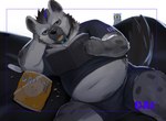 2019 anthro arknights belly book cai1448331577 chips_(food) clothing collar ear_piercing eating eyebrow_piercing facial_piercing food fur grey_body grey_fur hair hi_res holding_book holding_object hyena hypergryph looking_at_viewer lying male mammal markings navel on_back overweight overweight_anthro overweight_male piercing shirt solo spot_(arknights) spots spotted_body spotted_fur spotted_hyena studio_montagne t-shirt tail topwear underwear