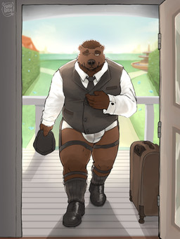 accessory anthro bent_over blazer bottomless bottomless_male bulge butler clothed clothing collared_shirt doorway dress_shirt hat headgear headwear jockstrap looking_at_viewer male necktie one_eye_closed shirt slightly_chubby sock_garters solo thick_thighs topwear underwear baranaduu benny_(bennyafterdark) bear mammal 3:4 absurd_res hi_res