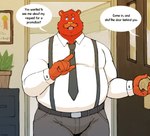 anthro belt bottomwear clothing dialogue door facial_hair imminent_hypnosis imminent_rape imminent_sex male mature_male mustache necktie offscreen_character pants plant solo speech_bubble suspenders text hyenaface michael_mourning bear mammal 2023 english_text