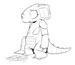 anthro female food nude pizza sad solo spiked_tail spikes spikes_(anatomy) standing tail shoutingisfun nintendo pokemon queenie_(shoutingisfun) generation_1_pokemon nidoqueen pokemon_(species) 2019 black_and_white full-length_portrait line_art monochrome portrait