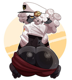 annoyed anthro big_butt bodily_fluids bubble_butt butt butt_focus clothing curvy_figure feet glistening glistening_butt horn huge_butt looking_at_viewer looking_back male pawpads presenting sitting solo sweat sweaty_butt majora317840 sauce_(sheep) bovid caprine mammal sheep absurd_res hi_res