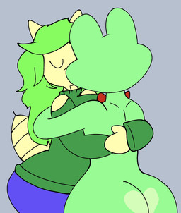 anthro arthropod_abdomen big_butt bottomwear bow_tie butt clothing denim denim_bottomwear denim_clothing duo eyes_closed female female/female green_body green_clothing green_hair hair hug jeans kiss_on_lips kissing making_out nude nude_female pants sweater topwear spicyredacted glitch_productions the_amazing_digital_circus ribbit_(tadc) amphibian arthropod frog insect louse hi_res
