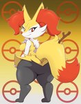 2021 absurd_res anthro bigdon1992 braixen breasts butt canid canine digital_media_(artwork) female fur generation_6_pokemon hi_res inner_ear_fluff mammal multicolored_body multicolored_fur nintendo pokemon pokemon_(species) short_stack solo thick_thighs tuft yellow_body