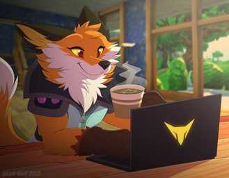 anthro beverage clothing coffee coffee_cup coffee_mug computer container cup electronics fur gloves green_clothing grin handwear inside laptop latex latex_clothing male morning orange_body orange_fur smile solo spikes tail white_body white_fur yellow_eyes leo-wolf epic_games fortnite fennix_(fortnite) canid canine fox mammal red_fox true_fox absurd_res hi_res