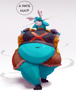 3_toes anthro belly big_belly big_breasts black_feet black_hands blue_body blue_fur breasts clothed clothed_anthro clothed_female clothing deep_navel ear_piercing ear_ring feet female female_anthro floppy_ears front_view fur navel obese obese_anthro obese_female overweight overweight_anthro overweight_female piercing question_mark ring_piercing sharp_teeth solo teeth text toes miluinaoxie camelid llama mammal colored digital_media_(artwork) digital_painting_(artwork) english_text hi_res painting_(artwork)