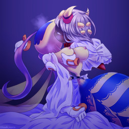 2_horns 6_hands 8_eyes antennae_(anatomy) anthro anthro_on_anthro armless arthropod_abdomen bed breast_grab breasts breath brown_body brown_skin clothed clothed_anthro clothed_male clothing duo empty_eyes eyes_closed female female_anthro floating_hands furniture gloves grabbing_sheets hair hand_holding hand_on_antenna hand_on_back hand_on_breast hand_on_shoulder handwear heart_(marking) heart_symbol horn insect_wings inside intimate kissing larger_anthro larger_female leaning leaning_backward legless male male/female male_anthro markings mouthless multi_eye multi_hand nipples on_bed partially_clothed_anthro partially_clothed_female pink_nipples purple_background red_horn romantic romantic_couple scarf simple_background sitting size_difference small_waist smaller_anthro smaller_male text three-quarter_view undressing undressing_another undressing_partner unusual_anatomy unusual_eye_placement wasp_waist white_eyes white_hair wings yellow_body yellow_breasts yellow_eyes yellow_horn kuuki_soyo79 kirby:_triple_deluxe kirby_(series) nintendo queen_sectonia taranza arachnid arthropod hymenopteran insect spider spidr wasp 1:1 2021 artist_name digital_drawing_(artwork) digital_media_(artwork) hi_res japanese_description