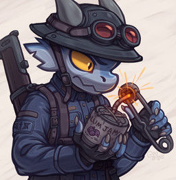 anthro armor blue_body can clothing container eyebrows eyewear fingerless_gloves gloves goggles gun handwear headgear helmet horn male military military_uniform ranged_weapon rifle soldier solo uniform warrior weapon yellow_sclera goobone kobold scalie 2025 hi_res