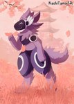 ambiguous_gender anthro branch building detailed_background fur grass leaf machine pink_background plant protogen_visor purple_body purple_ear purple_fur screen screen_face simple_background smile solo structure text tree white_eyes nachitamajr canid canine mammal protogen hi_res