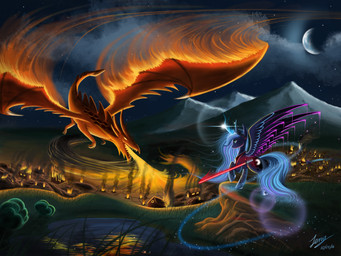 attack battle blue_body blue_eyes blue_feathers blue_fur blue_hair cutie_mark detailed_background duo energy feathered_wings feathers female feral flying fur grass hair hooves horn lightsaber magic melee_weapon moon night nude outside plant red_lightsaber sky standing star starry_sky tail town water weapon wings duskie-06 friendship_is_magic hasbro my_little_pony mythology star_wars princess_luna_(mlp) dragon equid equine mammal mythological_creature mythological_equine mythological_scalie scalie winged_unicorn 4:3 absurd_res hi_res