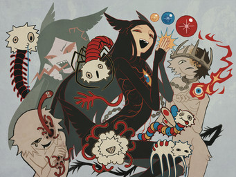 :d ambiguous_feral ambiguous_gender amputee black_hair black_tail blue_eyes blue_orb bodily_fluids chain collar crown disability drooling eyeball feral fingerless_(marking) fire fur grey_crown grin group hair headgear hole_in_eye hole_in_face male male_humanoid metal_collar missing_arm missing_limb mouthless noseless open_mouth open_smile red_orb red_sclera red_tongue ribs saliva sharp_teeth skinny_male slim_humanoid slim_male smile tail tan_body tan_fur tears teeth tongue tongue_out vein yellow_orb yellow_sclera jejejunum ember_(jejejunum) pest_(jejejunum) secret_(jejejunum) animal_humanoid arthropod arthropod_humanoid caterpillar humanoid insect insect_humanoid larva nethermare proto-nethermare worm 2026 digital_drawing_(artwork) digital_media_(artwork) hi_res