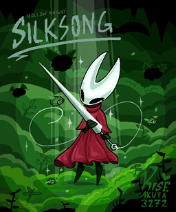 2_horns biped black_body black_eyes cloak clothing female fingers flying grass holding_melee_weapon holding_object holding_weapon horn melee_weapon nail_(weapon) plant red_cloak red_clothing solo sparkles standing text thread weapon wings kiseendeavor hollow_knight:_silksong hollow_knight_(franchise) team_cherry hornet_(hollow_knight) arthropod 2025 5:6 artist_name english_text