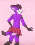 anthro black_hair bottomwear clothed clothing femboy flower footprint fur hair looking_at_viewer looking_back looking_back_at_viewer male markings pawprint pawprint_(marking) plant purple_body purple_fur red_bottomwear red_clothing red_skirt skirt solo tail tail_under_skirt underwear shiki-kun-baka pawalo canid canine canis domestic_dog elkhound mammal spitz hi_res