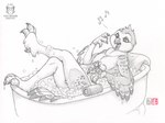 ambiguous_gender anthro bathtub beak bubble_bath claw_foot_bathtub duo feathers fur micro size_difference wet kacey evie_(ralenfox) tofu_(ralenfox) avian bird mammal mouse murid murine owl rodent 2022 greyscale monochrome