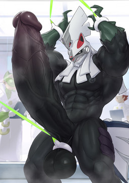 anthro armor ball_ring big_penis black_body genitals headgear helmet huge_penis hyper hyper_genitalia hyper_penis laboratory male muscular muscular_male penis raised_arms restraints solo fishingmanmax nintendo pokemon generation_7_pokemon legendary_pokemon pokemon_(species) silvally type_null absurd_res hi_res