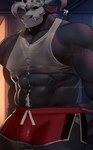 abs anthro barazoku big_muscles body_hair bone bottomwear bulge clothing crop_top front_view happy_trail horn male muscular muscular_male pecs shirt shorts skull skull_head solo topwear white_body horror_himbos wulfdread_(skullhimbo) demon monster hi_res