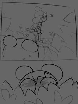^_^ anthro being_watched blush duo eyes_closed female looking_at_another plant shrub smile tail tail_motion tailwag bravobunny animal_crossing nintendo isabelle_(animal_crossing) canid canine canis domestic_dog mammal 3:4 comic greyscale hi_res monochrome sketch