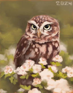 abstract_background beak brown_body brown_feathers feathers feral flower on_flower plant solo tan_body tan_feathers white_flower yellow_beak alexpahomov athene_(genus) avian bird little_owl owl true_owl 2024 digital_media_(artwork) digital_painting_(artwork) painting_(artwork)
