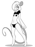 anthro bulge clothed clothing crop_top crossdressing femboy fur hair hair_over_eye looking_at_viewer male navel panties pasties rat_tail shirt shrug_(clothing) simple_background smile solo tail tongue tongue_out topwear underwear white_background white_body white_fur whygena reggie_(whygena) mammal mouse murid murine rat rodent hi_res monochrome