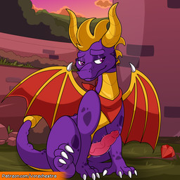 aged_up animal_genitalia animal_penis bedroom_eyes big_penis claws cloacal_penis detailed_background embarrassed erection eyelashes feral gem genital_slit genitals horn inviting male narrowed_eyes outside penis pink_penis presenting presenting_penis purple_body purple_scales raised_leg scales scarf seductive smile solo spiked_tail spikes spikes_(anatomy) spread_legs spread_wings spreading sunset tail text throbbing throbbing_penis unusual_anatomy unusual_genitalia unusual_penis vein veiny_penis wings vorechestra activision mythology spyro_the_dragon spyro dragon mythological_creature mythological_scalie scalie 1:1 2021 colored hi_res shaded url