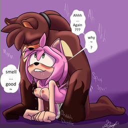 anthro bite biting_lip blush bodily_fluids breasts brown_body canon_x_oc cum cum_inside dialogue drooling duo ejaculation eyes_closed female genital_fluids male male/female nude_male saliva sex speech_bubble text knightnight54 sega sonic_the_hedgehog_(series) amy_rose fan_character bear eulipotyphlan hedgehog mammal english_text hi_res