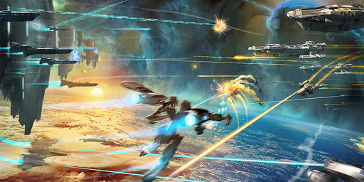 battle earth explosion futuristic glowing laser machine mecha nebula not_furry penumbra_(visual_effect) planet spacecraft vehicle war zero_pictured unknown_artist strike_suite_zero robot