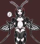 antennae_(anatomy) biped black_body black_eyebrows black_hair blush breasts brown_background eyebrows featureless_breasts featureless_crotch female hair half-closed_eyes insect_wings looking_at_viewer multicolored_body musical_note musical_symbol narrowed_eyes navel nude open_mouth open_smile pink_blush simple_background smile solo speech_bubble symbol two_tone_body white_body wide_hips wings hikagenootimsya animal_humanoid arthropod arthropod_humanoid fly_(animal) fly_humanoid humanoid insect insect_humanoid mosquito_humanoid digital_media_(artwork) pictographics portrait three-quarter_portrait