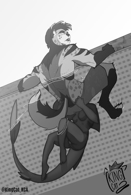 anthro breasts clothing female fin king_cat_kca looking_pleasured male male/female oral sex swimming_pool swimming_trunks swimwear underwater underwater_sex water aquatic fish hyena mammal shark hi_res monochrome