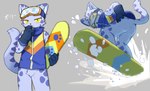 anthro biped bottomless bottomless_anthro bottomless_male clothed clothing crotch_tuft fingers fur kemono male snow snowboard snowboarding solo tail tuft yellow_eyes kuromu bemani konami pop'n_music ollie_(pop'n_music) felid mammal pantherine snow_leopard absurd_res hi_res