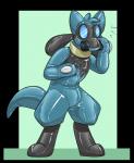 ambiguous_gender anthro drone gas_mask glistening latex mask simple_background solo standing surprise tallarra nintendo pokemon generation_4_pokemon mammal pokemon_(species) riolu 2019 alpha_channel digital_drawing_(artwork) digital_media_(artwork) hi_res