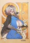 anthro art_nouveau big_breasts blush breasts classy cleavage cleavage_cutout clothed clothing cutout dress eyes_closed female flower fluffy_ears fur gem grey_body grey_fur huge_breasts jewelry laugh makeup mature_female necklace pearl_(gem) pearl_necklace plant shawl solo lazysnout canid canine canis domestic_dog mammal 2023 portrait