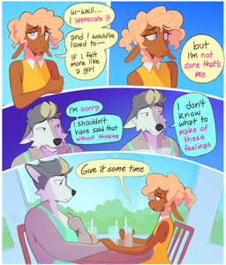 4_panel_comic 5_fingers anthro beverage black_eyebrows black_eyes black_nose black_text blue_eyes border brown_body brown_fur chair cheek_tuft clothed clothing container countershading crossdressing crossdressing_male cup detailed_background dialogue dress duo eyebrows facial_tuft femboy fingers fur furniture glass glass_container glass_cup green_clothing green_shirt green_tank_top green_topwear grey_body grey_fur hair hand_holding holding_beverage holding_object inside looking_at_another looking_away male multicolored_body multicolored_fur multicolored_hair narrowed_eyes on_chair open_mouth pattern_clothing pattern_dress pink_text plant ponytail restaurant shirt shrub sitting sitting_on_chair speech_bubble table tan_hair tank_top text topwear tuft white_border window heresvix dani_(heresvix) henri_(heresvix) bovid canid canine canis caprine mammal sheep wolf 2025 comic english_text hi_res